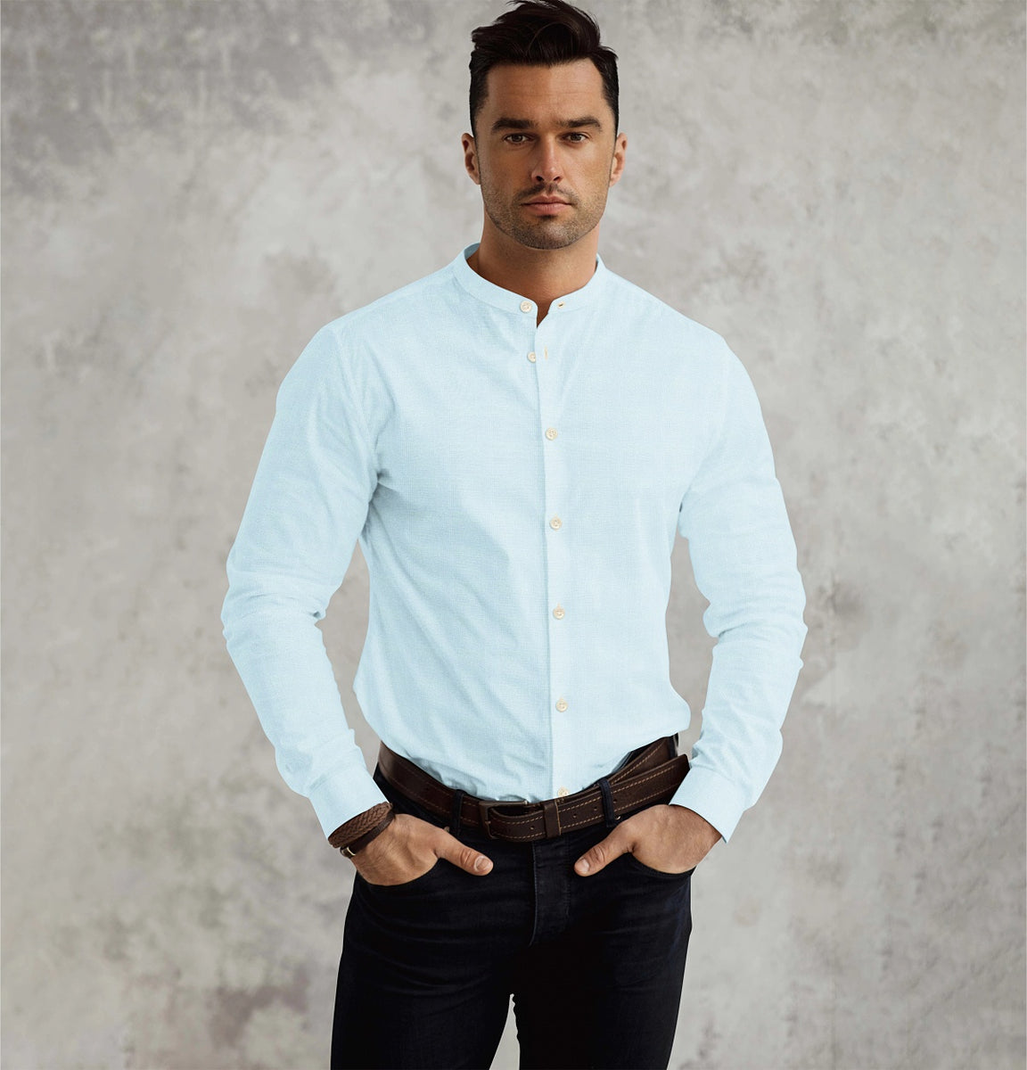 Airthreads Men's Shirt, Wrinke Resistant Oxford, Band Collar, Long Sleeve,  Sky Blue, Tailored Fit