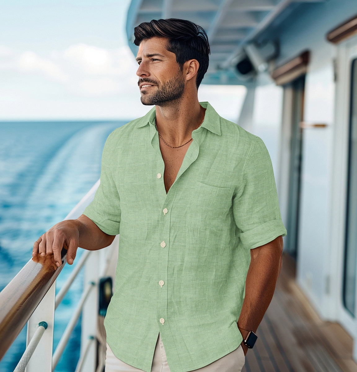 Airthreads Men's Shirt, Pure Linen, Long Sleeve, Sea Green, Tailored Fit, Sea Green / S / 5.4-5.7