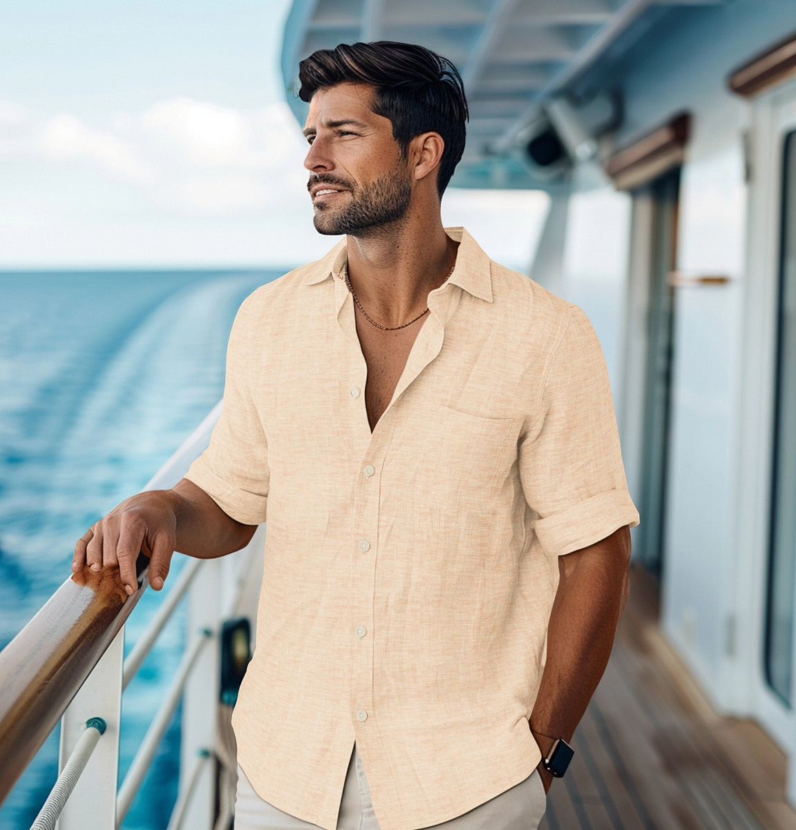 Airthreads Men's Shirt, Linen, Long Sleeve, Peach, Tailored Fit