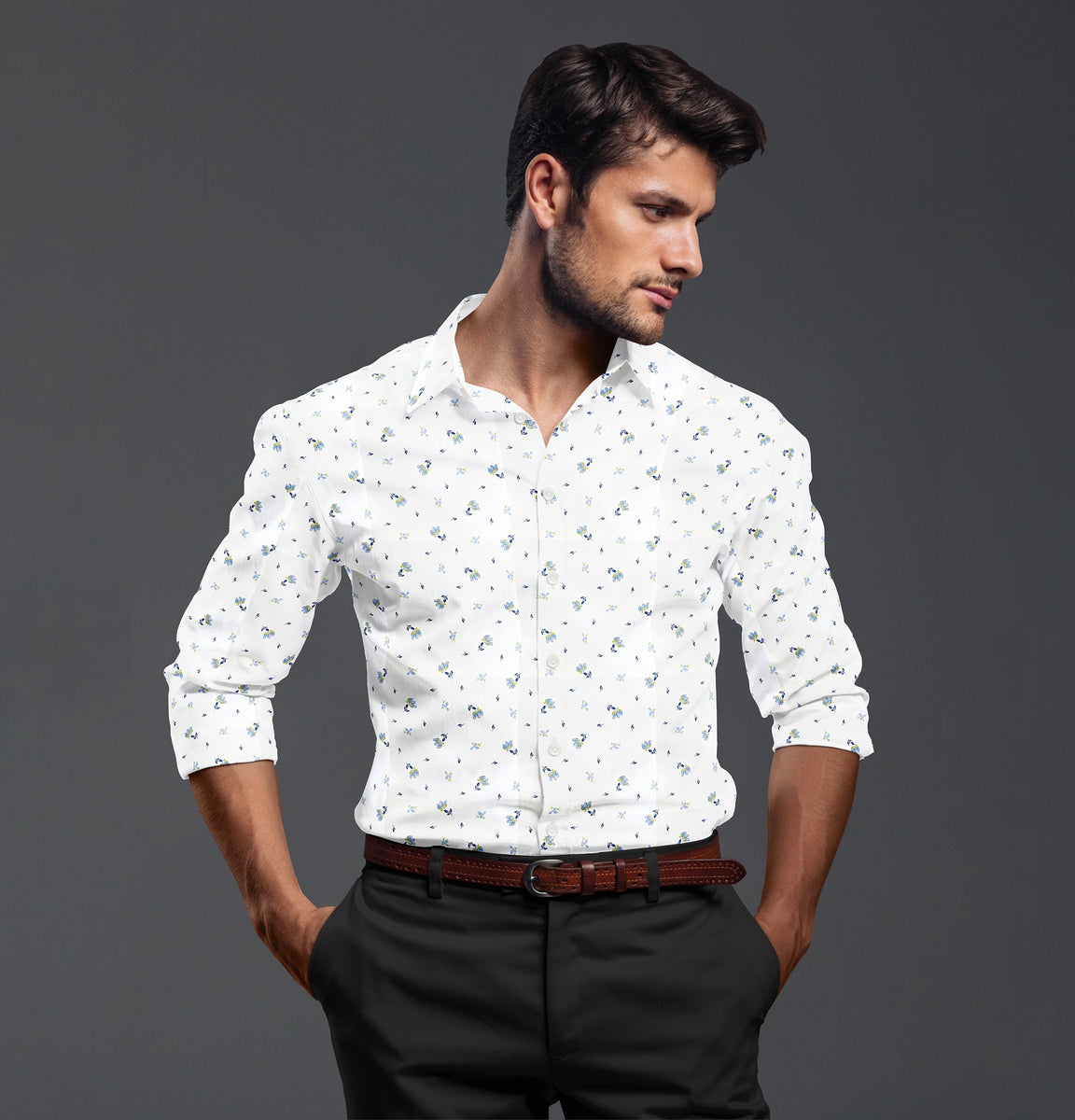 EOUOSS Men's 4-Way Stretch Printed Dress Shirt - Wrinkle Free Long Sleeve Floral Button Down