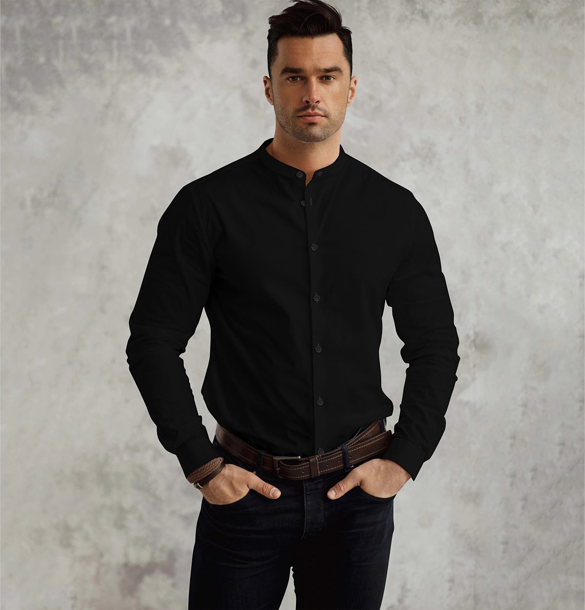 black dress shirt no collar Extreme Cutaway Collar Black Easy-Iron Shirt 45 / US 18 main image 0