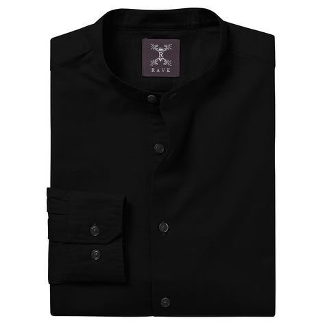 Wrinkle-resistant - Band Collar - Cotton-Lycra Shirt - Long Sleeve - Black