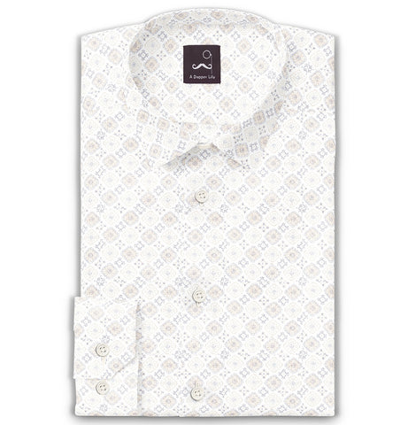 Pure Cotton - Long Sleeve - White with Faded Brown Diamond Print