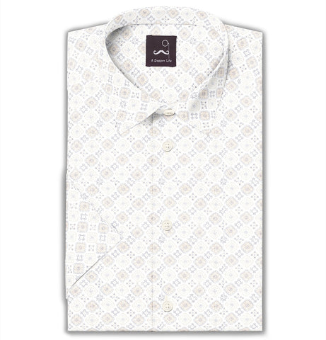Pure Cotton - Short Sleeve - White with Faded Brown Diamond Print