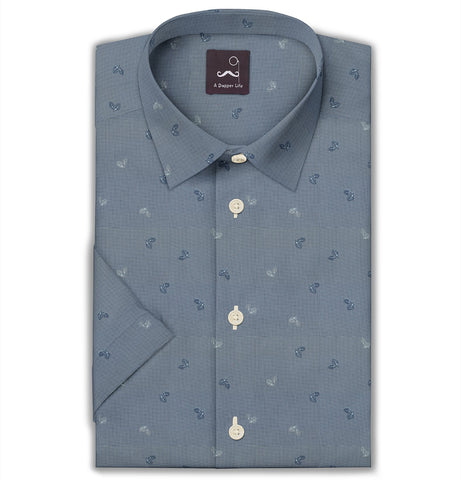 Pure Cotton - Semi-Spread Collar - Short Sleeve - Dusty Blue Leaf Grid