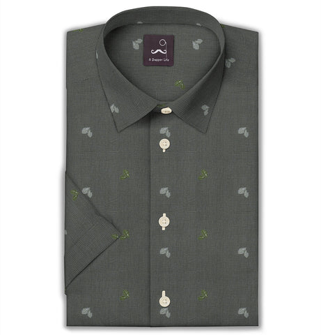 Pure Cotton - Semi-Spread Collar - Short Sleeve - Gray Leaf Grid