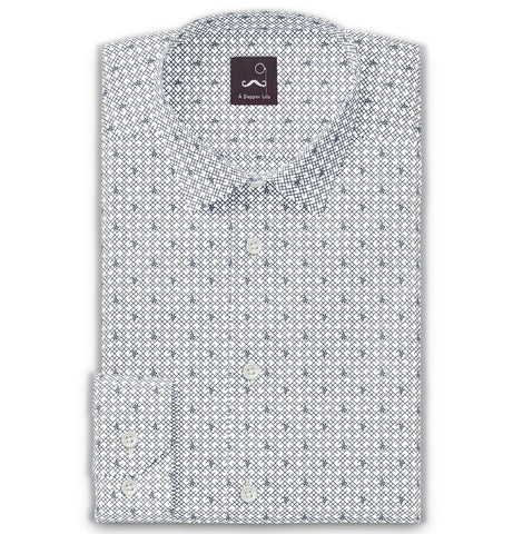 Pure Cotton - Semi-Spread Collar - Long Sleeve - White Leaf Mesh