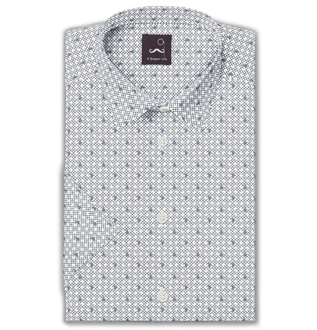 Pure Cotton - Semi-Spread Collar - Short Sleeve - White Leaf Mesh