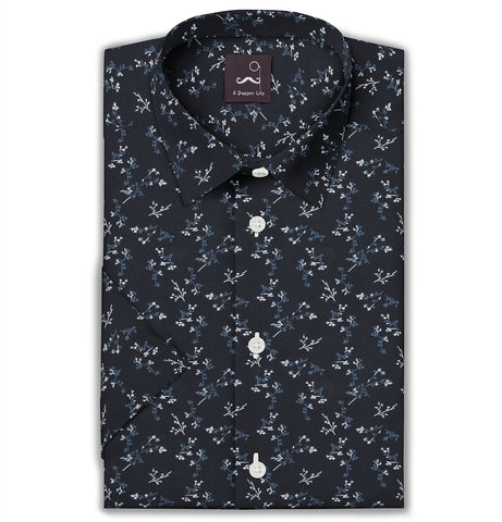 Pure Cotton - Semi-Spread Collar - Short Sleeve - Midnight Blossom