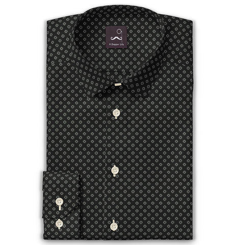 Pure Cotton - Semi-Spread Collar - Long Sleeve - Black Flower Print