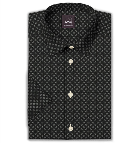 Pure Cotton - Semi-Spread Collar - Short Sleeve - Black Flower Print