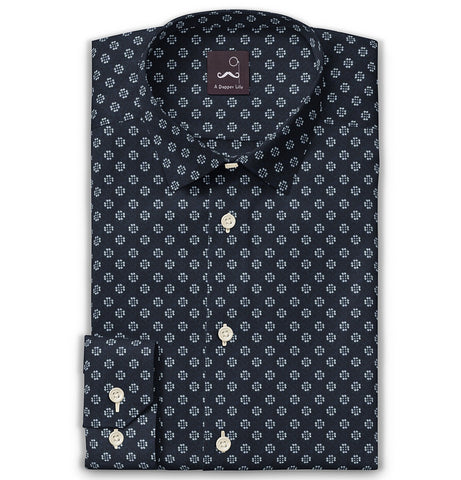 Pure Cotton - Semi-Spread Collar - Long Sleeve - Navy Flower Print