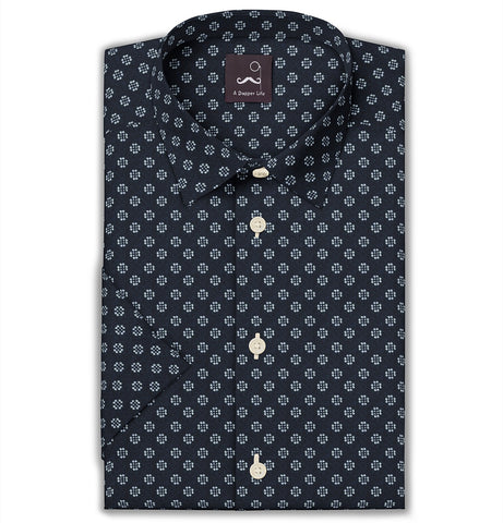 Pure Cotton - Semi-Spread Collar - Short Sleeve - Navy Flower Print