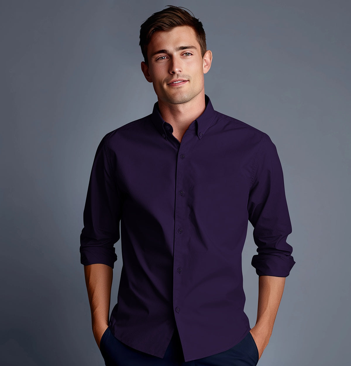 Airthreads Men's Shirt, Wrinkle-Resistant, Long Sleeve, Deep Purple,  Tailored Fit