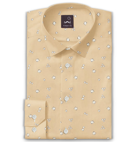 Pure Cotton - Long Sleeve - Beige with White Flowers