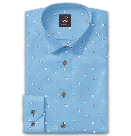 Pure Cotton - Long Sleeve - Blue with White Flowers