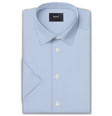 Luxury Pure Cotton - Short Sleeve - Medium Blue Pencil Stripe