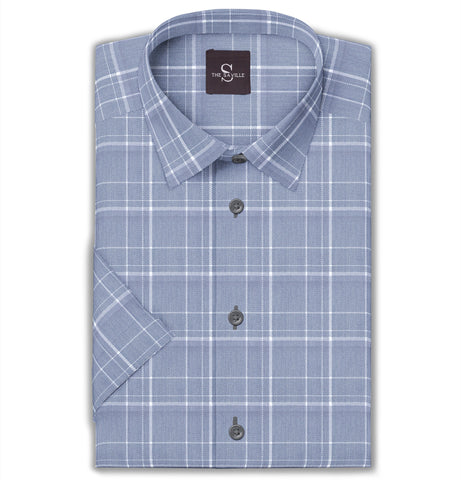 Wrinkle-free Greyish Blue Checks - Short Sleeve