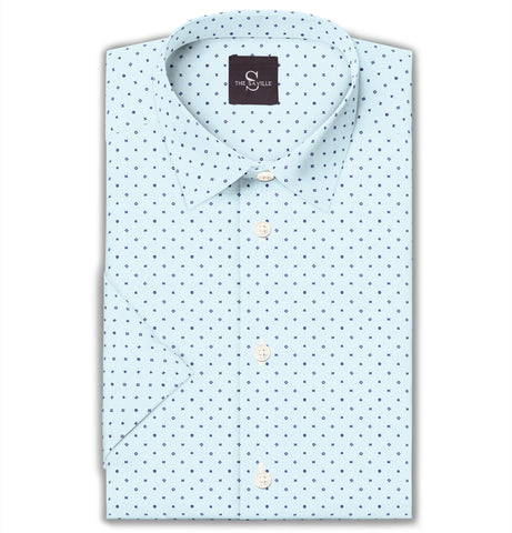 Wrinkle-free Sky Blue with Geometric Print - Short Sleeve