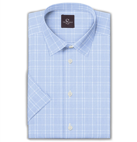 Wrinkle-free Sky Blue with White Checks - Short Sleeve