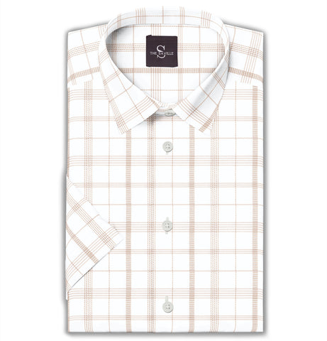 Wrinkle-free White with Beige Checks - Short Sleeve