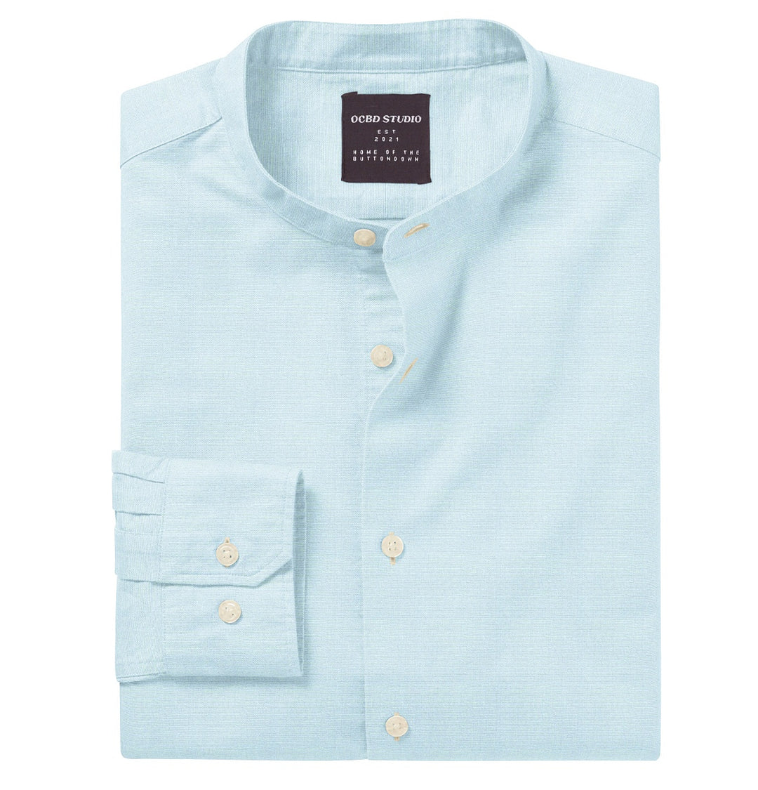Airthreads Men's Shirt, Wrinke Resistant Oxford, Band Collar, Long Sleeve,  Sky Blue, Tailored Fit