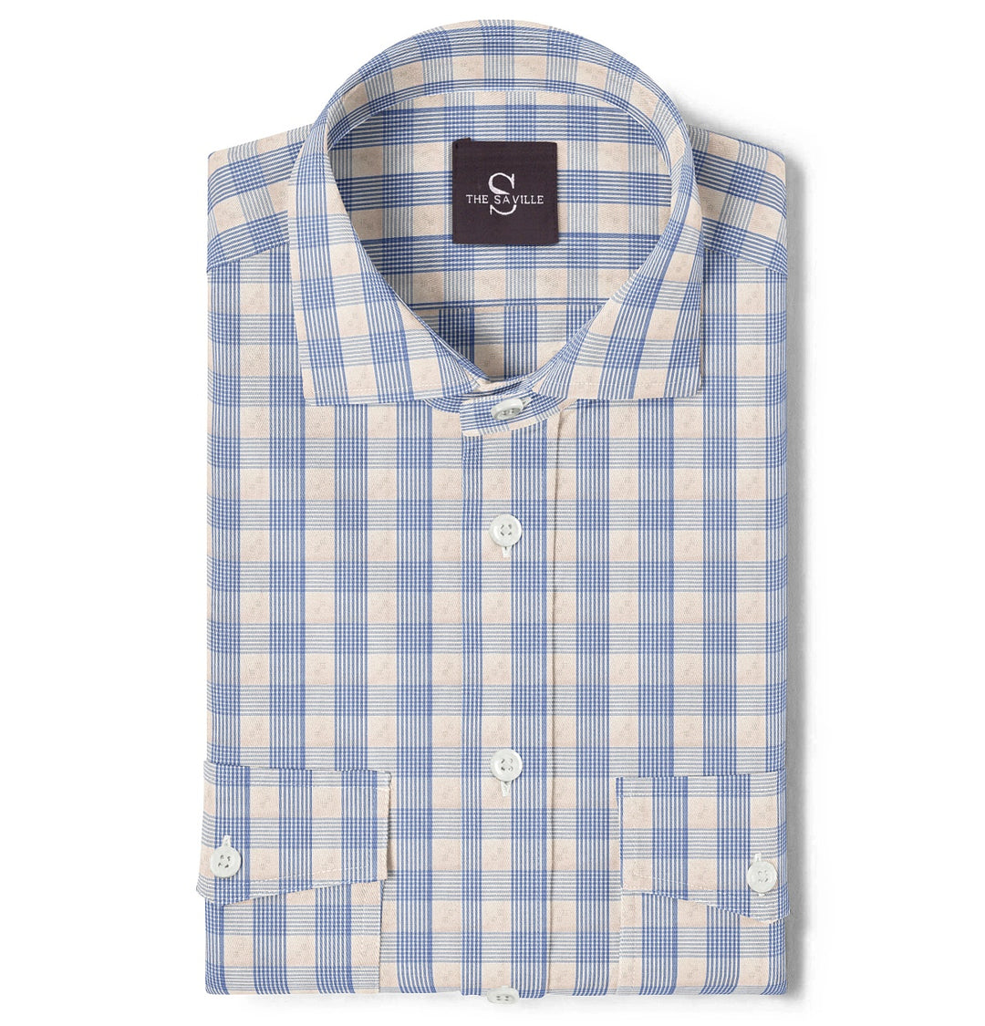 beige check pocket detail long sleeve shirt dress Airthreads Men's Shirt, Long Sleeve, Wrinkle-free, Beige Checks, Double Pocket, Tailored Fit, Beige with Blue Checks / XXXL / 6.4-6.7