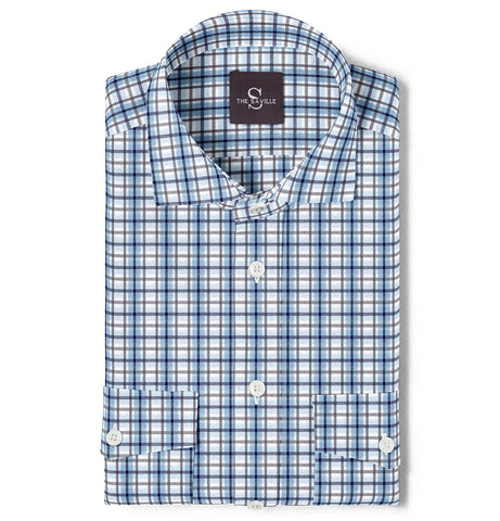 Wrinkle-free Blue and Gray Checks - Double Pocket - Long Sleeve