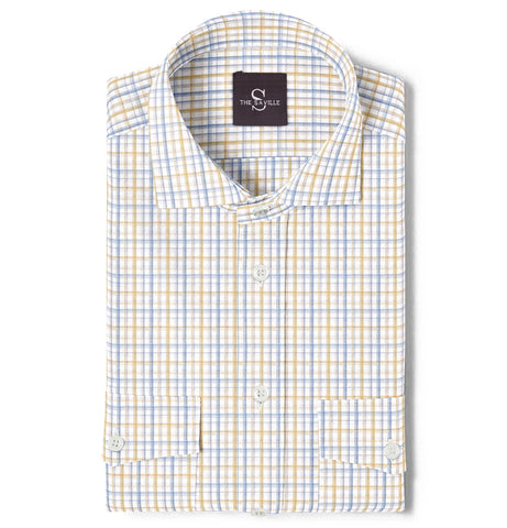 Wrinkle-free Yellow and Blue Checks - Double Pocket - Long Sleeve