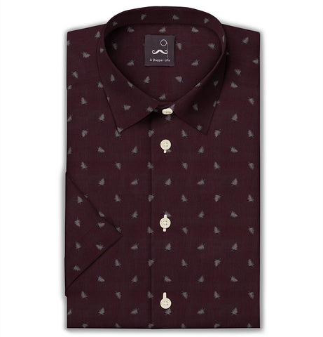 Pure Cotton - Semi-Spread Collar - Short Sleeve - Maroon Palms