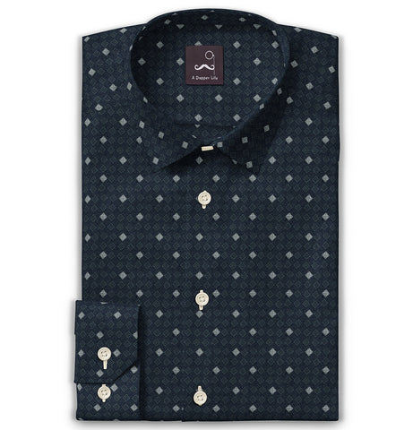Pure Cotton - Semi-Spread Collar - Long Sleeve - Navy Tile