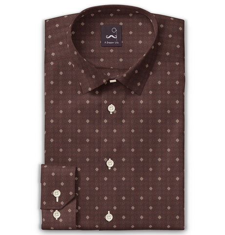 Pure Cotton - Semi-Spread Collar - Long Sleeve - Mocha Tile
