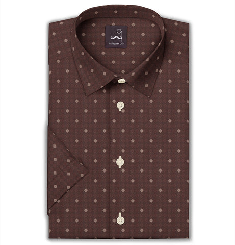 Pure Cotton - Semi-Spread Collar - Short Sleeve - Mocha Tile