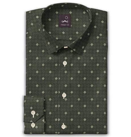 Pure Cotton - Semi-Spread Collar - Long Sleeve - Moss Tile