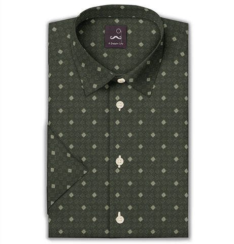 Pure Cotton - Semi-Spread Collar - Short Sleeve - Moss Tile