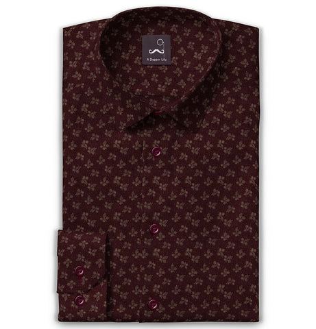 Pure Cotton - Semi-Spread Collar - Long Sleeve - Maroon Floral