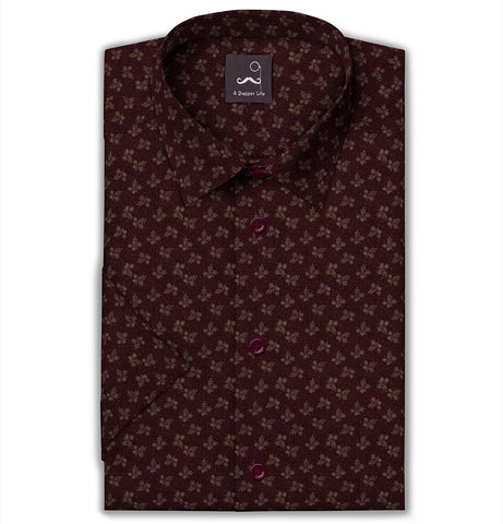 Pure Cotton - Semi-Spread Collar - Short Sleeve - Maroon Floral