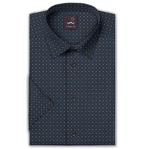 Pure Cotton - Semi-Spread Collar - Short Sleeve - Midnight Lattice