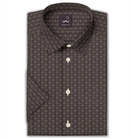 Pure Cotton - Semi-Spread Collar - Short Sleeve - Coffee Leaf Lattice