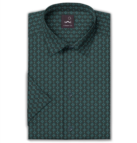 Pure Cotton - Semi-Spread Collar - Short Sleeve - Forest Leaf Lattice