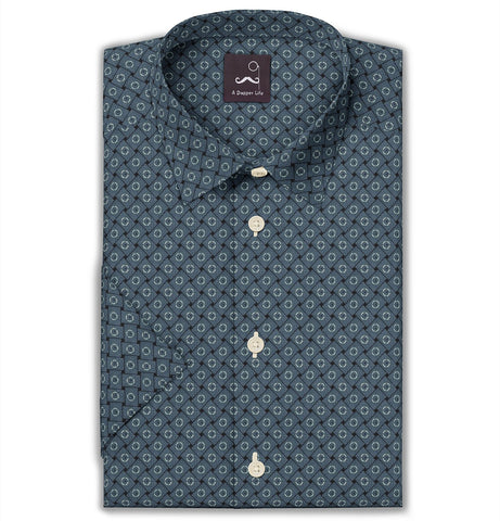 Pure Cotton - Semi-Spread Collar - Short Sleeve - Twilight Grid