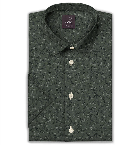 Pure Cotton - Semi-Spread Collar - Short Sleeve - Forest Vine