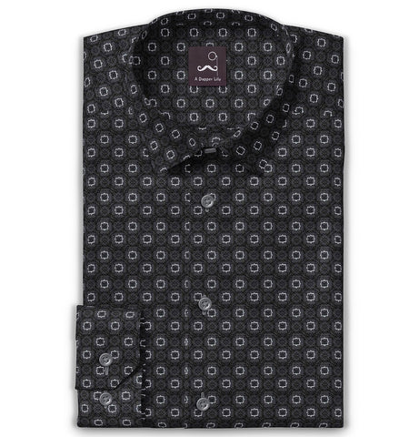 Pure Cotton - Semi-Spread Collar - Long Sleeve - Dark Gray Floral Maze