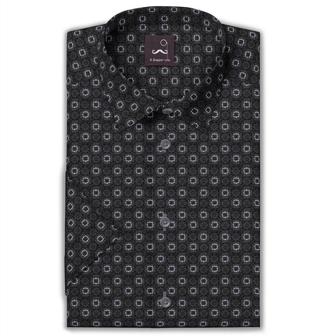 Pure Cotton - Semi-Spread Collar - Short Sleeve - Dark Gray Floral Maze