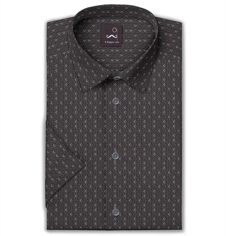 Pure Cotton - Semi-Spread Collar - Short Sleeve - Gray Diamond Lattice
