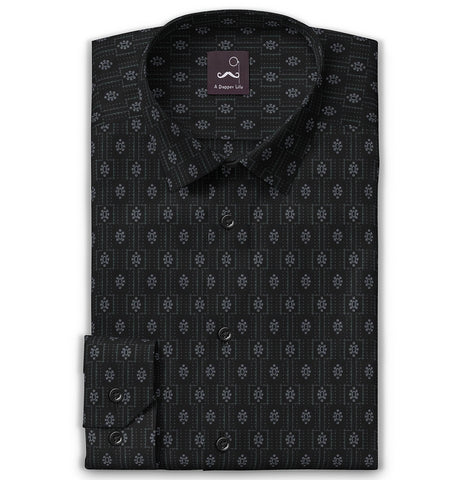Pure Cotton - Semi-Spread Collar - Long Sleeve - Black Floral Medallion