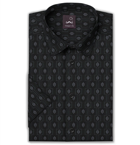 Pure Cotton - Semi-Spread Collar - Short Sleeve - Black Floral Medallion