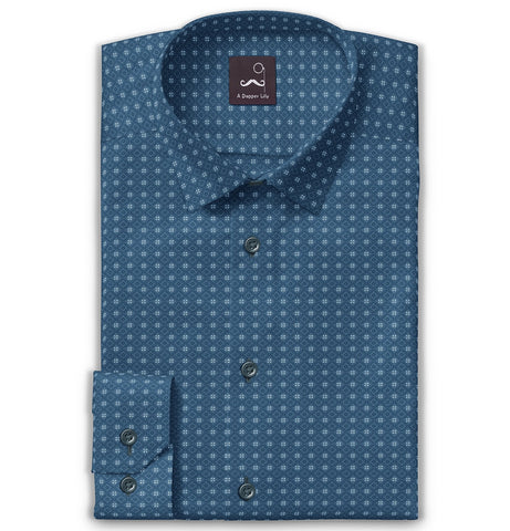 Pure Cotton - Semi-Spread Collar - Long Sleeve - Blue Diamond Grid