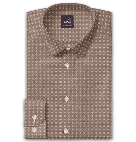 Pure Cotton - Semi-Spread Collar - Long Sleeve - Mocha Diamond Grid