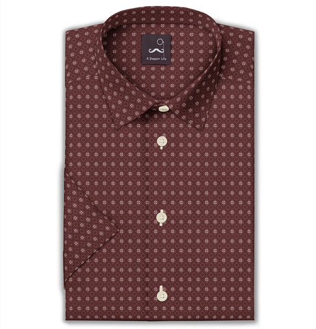 Pure Cotton - Semi-Spread Collar - Short Sleeve - Brick Diamond Grid